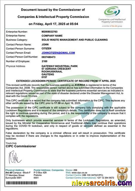 South Africa certificate of company registration, version 3
